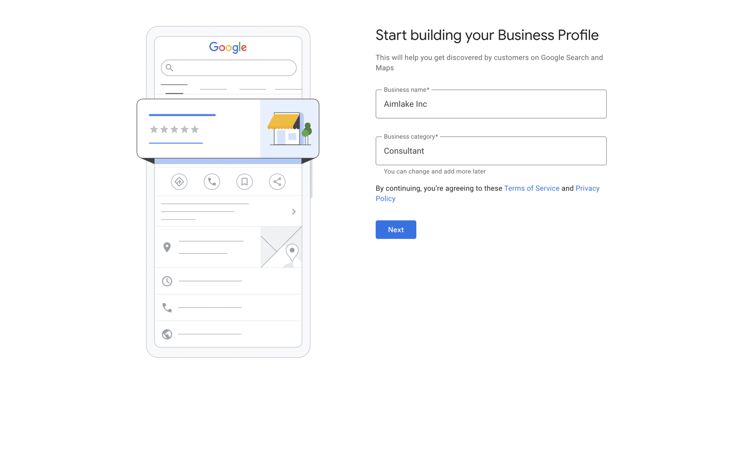 Google Business Profile setup and listing integration screen